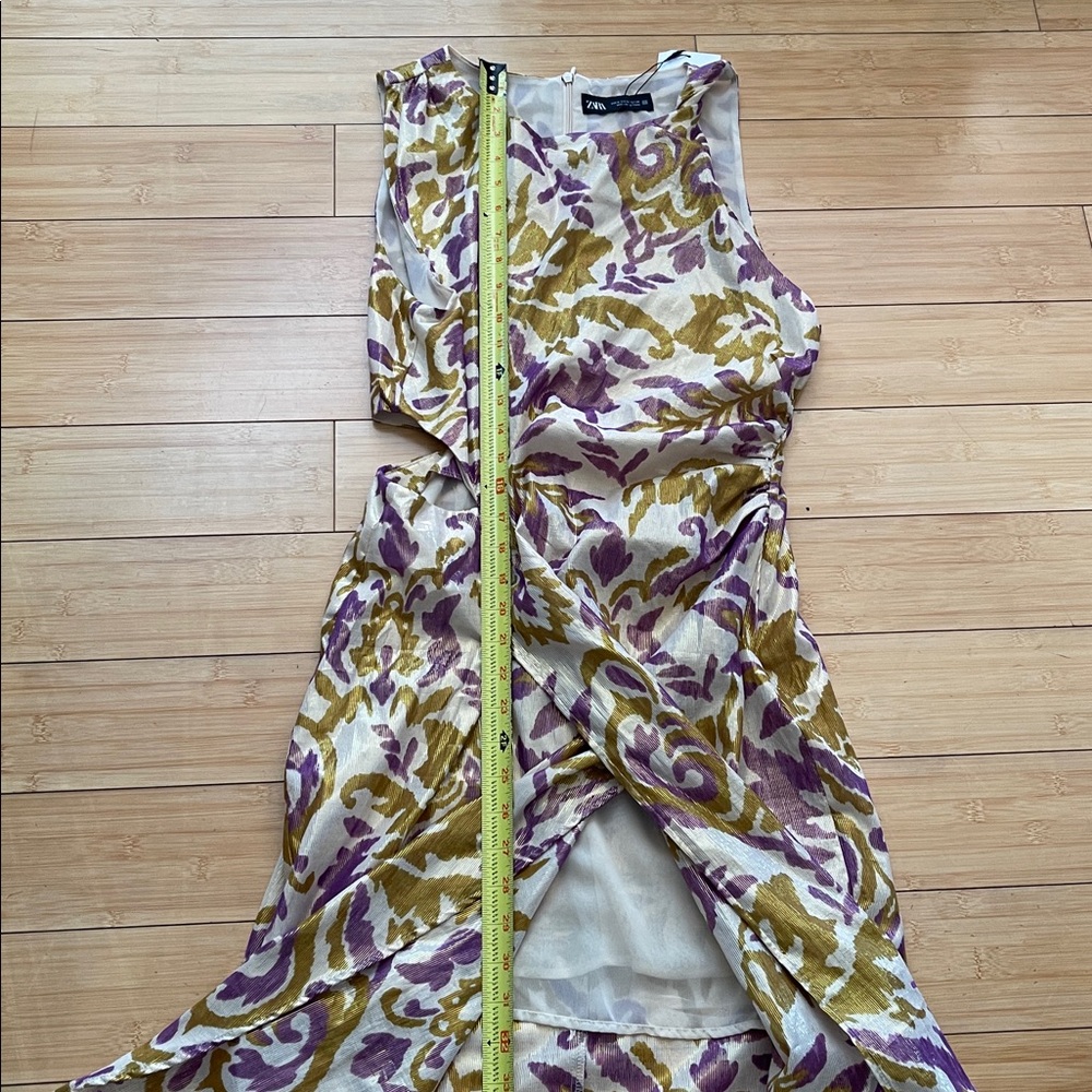 Zara Women Purple and Gold Midi Dress Half Lined Cut Out Waist Med NWT Metallic - Picture 15 of 16
